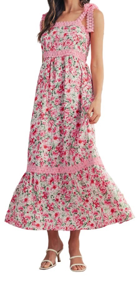 Size Medium By The River Pretty In Pink Floral & Lace Maxi Dress