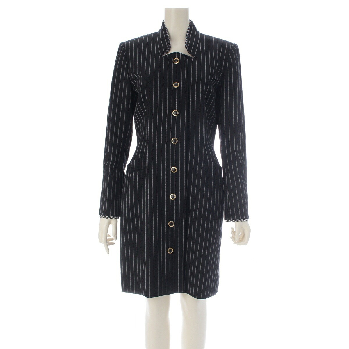 Dior Vintage Mademoiselle Striped Wool Coat Jacket Women L Black
