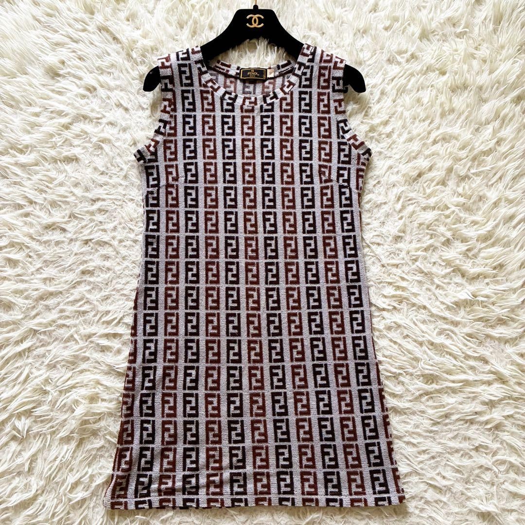 USED FENDI ZUCCA PRINT TERRY CLOTH SLEEVELESS DRESS, MADE ITALY, SIZE 40 GOOD
