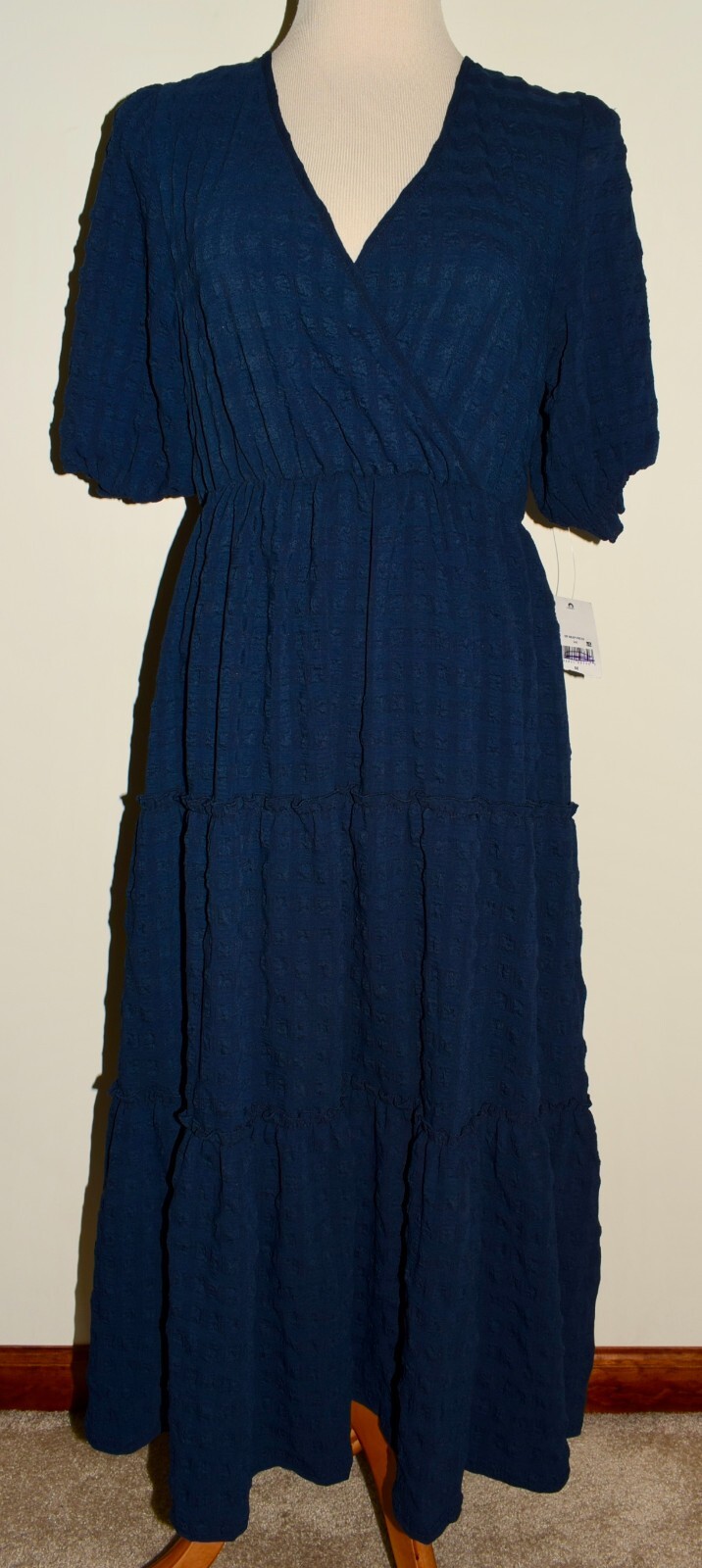 New Womens Ophelia Roe Dress Medium Blue Short Sleeve Faux Wrap Tiered Maxi