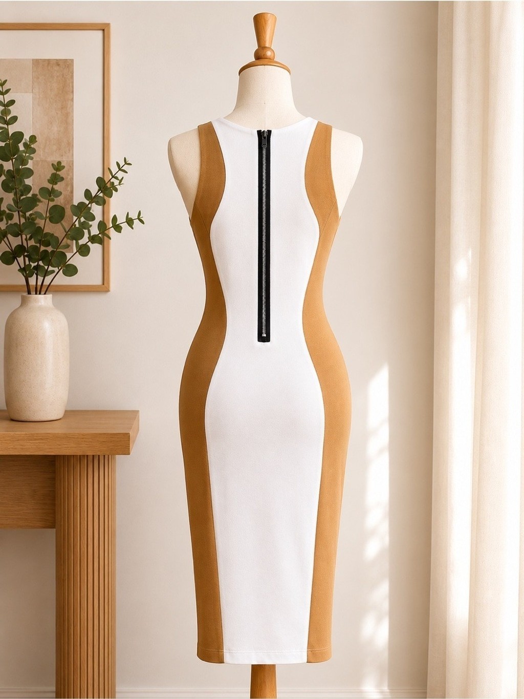 White & Tan Bodycon Midi Dress – Sleek Colorblock Design