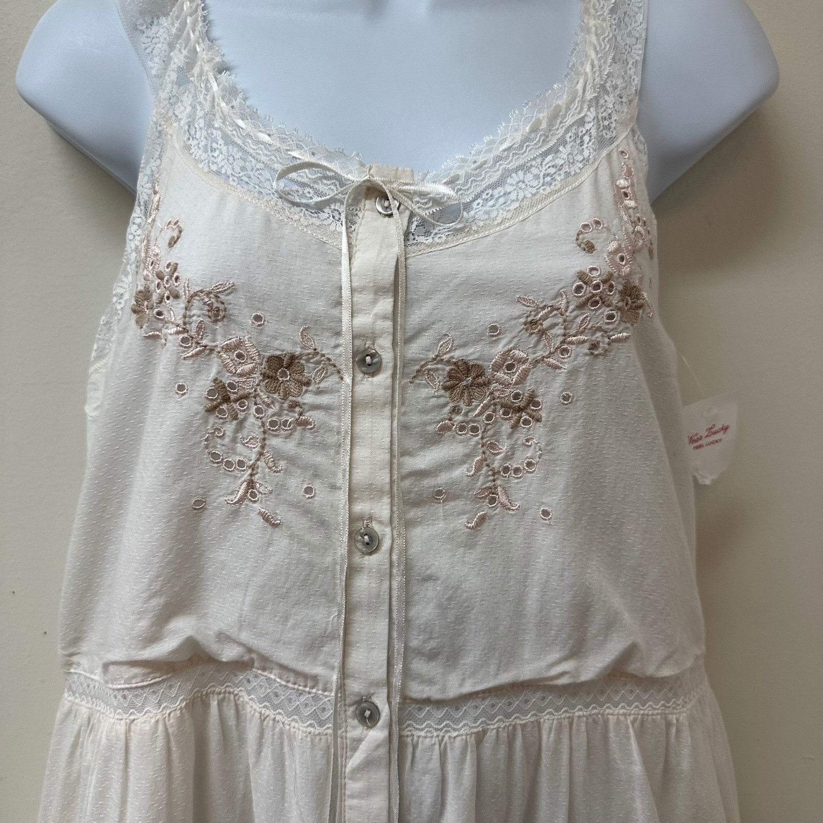 Lucky Brand White Embroidered Boho Mini Dress Sleeveless Button Front XS NEW