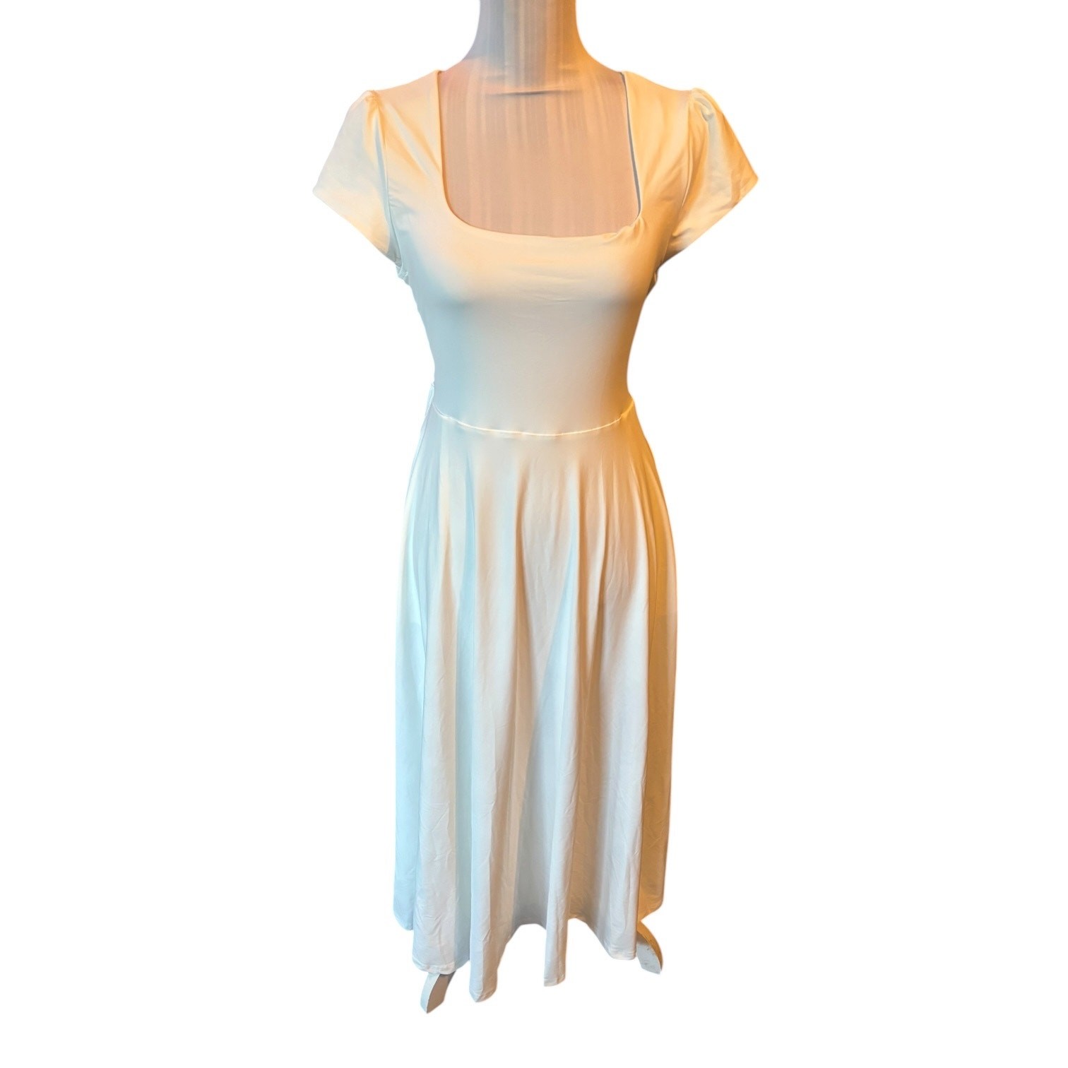 White Dress Square Neck NWOT Size L Flare Skirt Midi