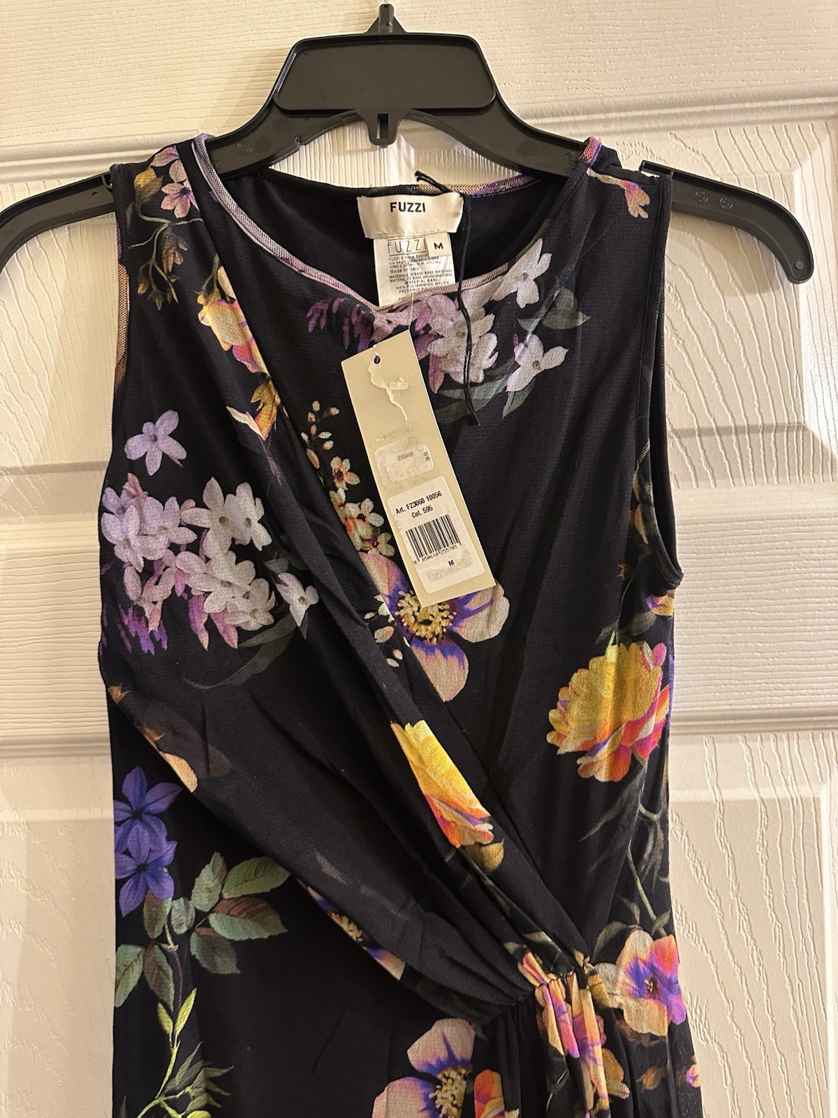 NWT Fuzzi Italy Black Floral Side Rouched Waist Ruffle Mesh Dress Medium