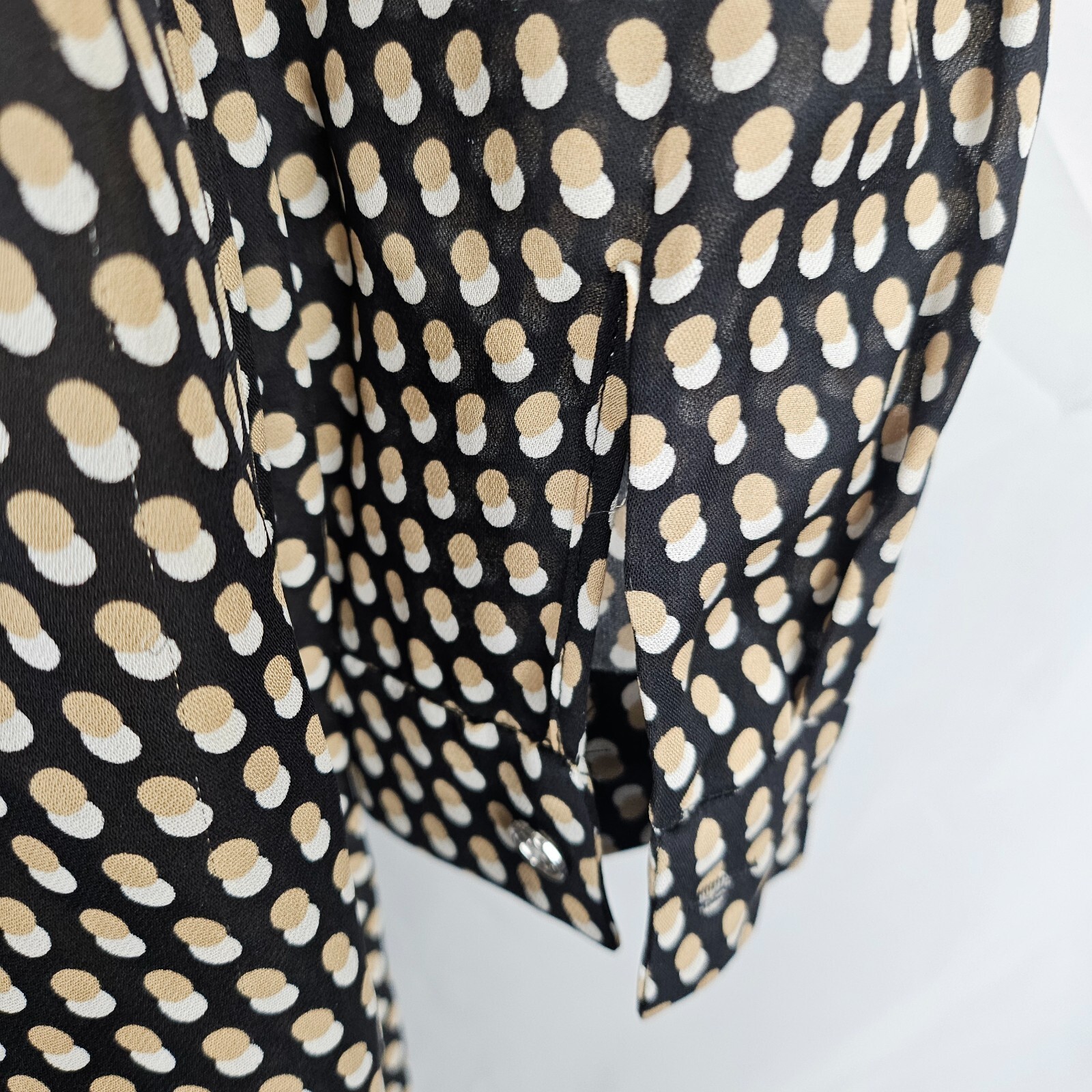Michael Kors Beige Black Spot Maxi Dress S Button Front Belted Sheer Long Sleeve
