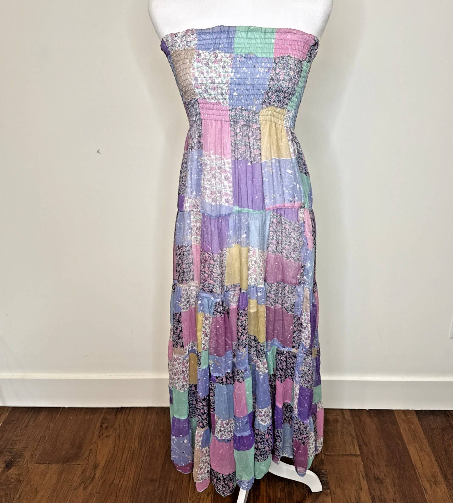 Patchwork Maxi Midi Silk Strapless Smocked Dress Coastal Grandma Cottage Boho S