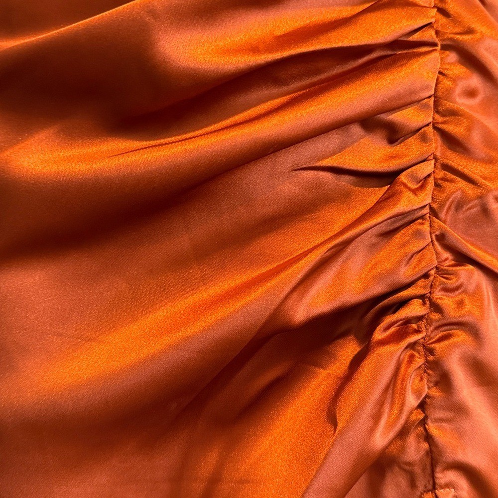 Luxurious Marvel Rust Orange Satin Ruched Column Dress