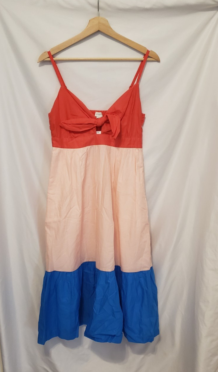 J Crew Factory B1393 Colorblock Tie Front Cut Out Midi Dress 6P Pink Blue Lined