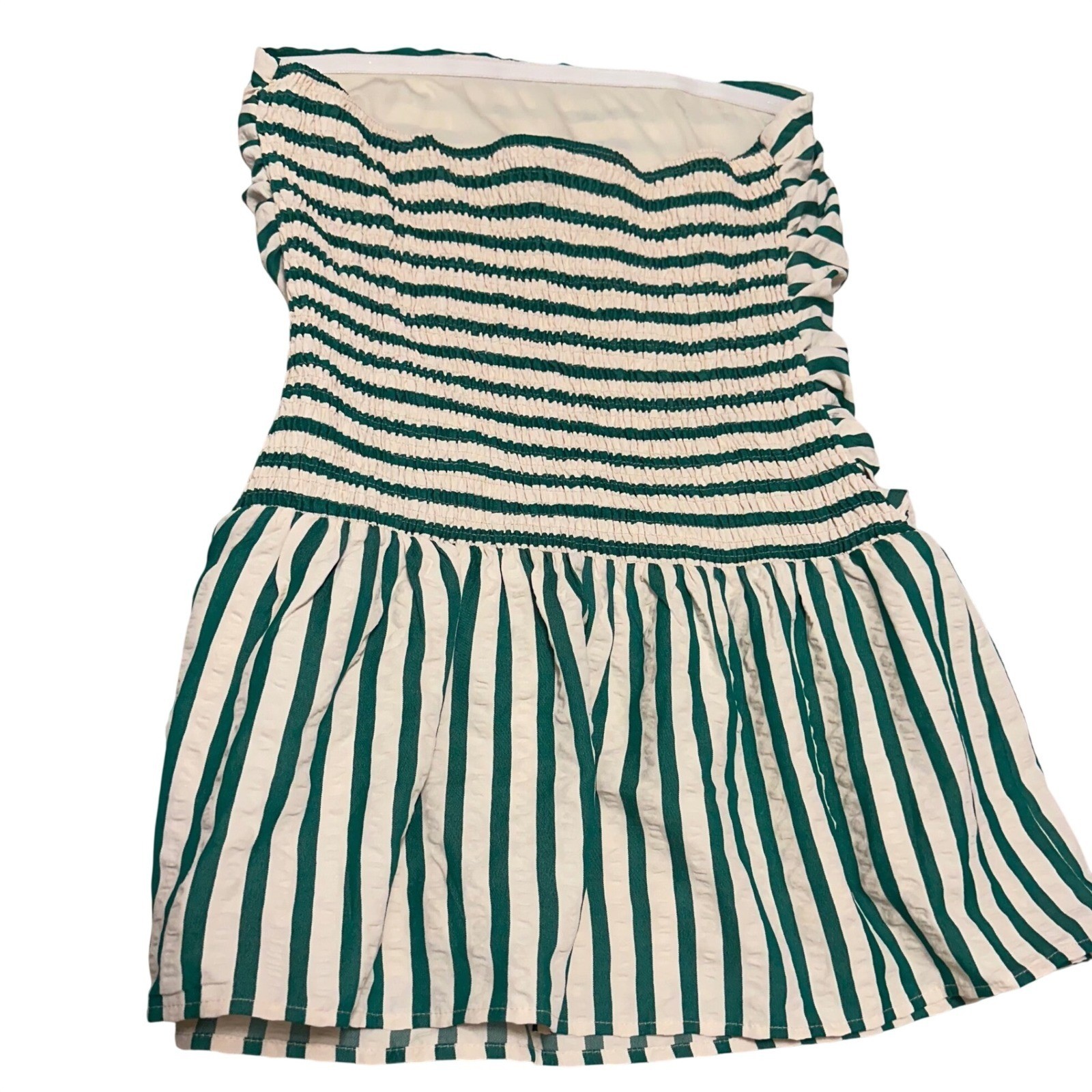 Princess Polly Montebello Strapless Mini Dress Green Striped Smocked Size US 12