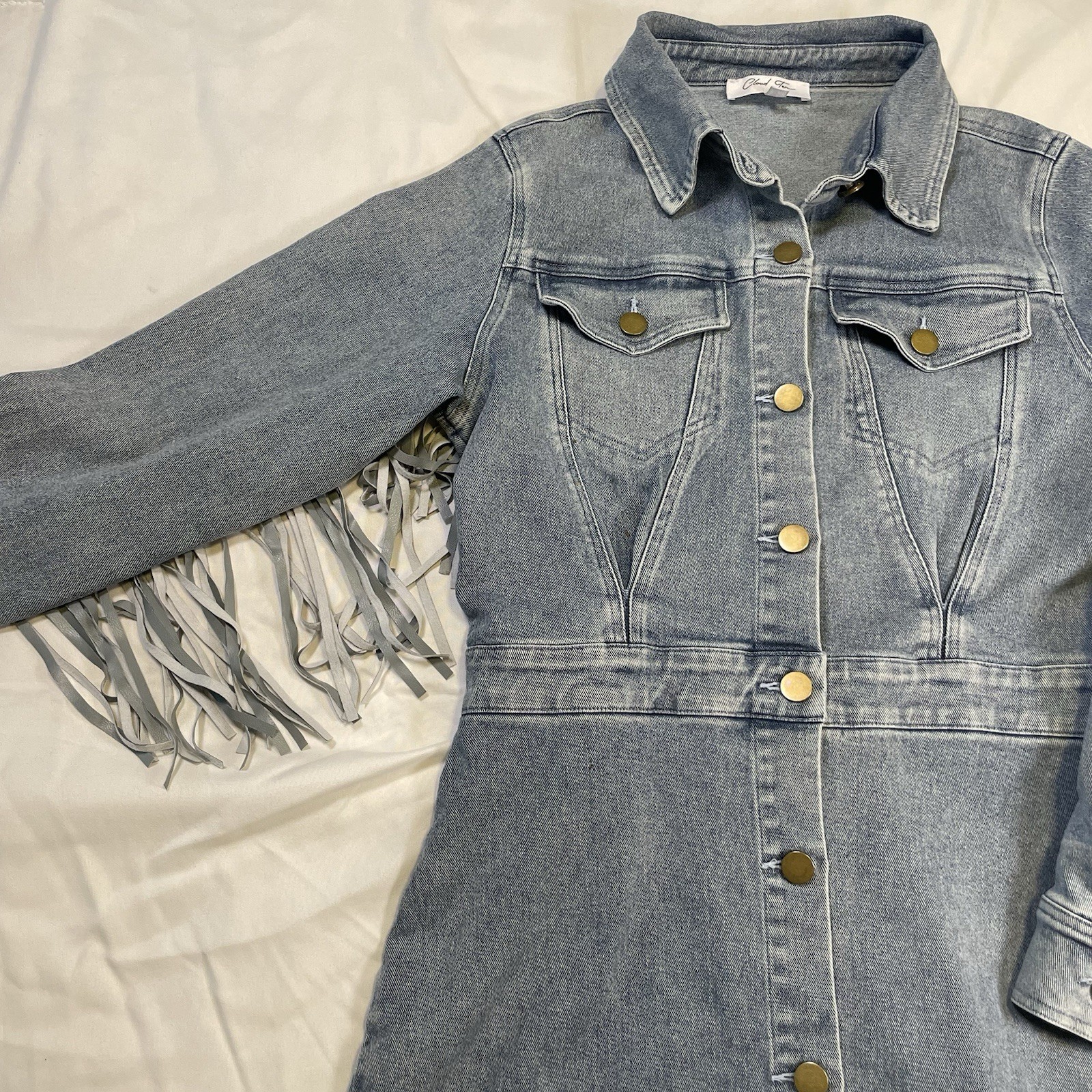 Women’s Western Fringe Denim Shirt Dress Medium Light Wash Button Front Boho