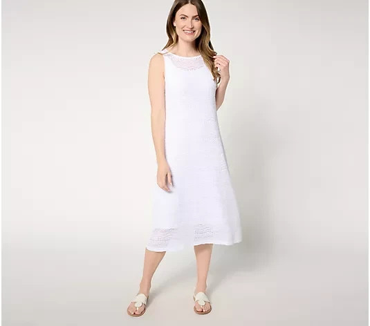 Susan Graver Passport Reg Knit Crochet Lace Midi Dress with Cami Slip WHITE 1X