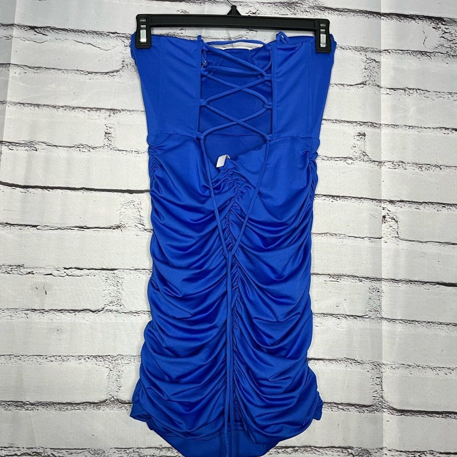 Lucy in the Sky Strapless Dark Blue Dress SZ S Tie Back Ruffled Sheath Designer