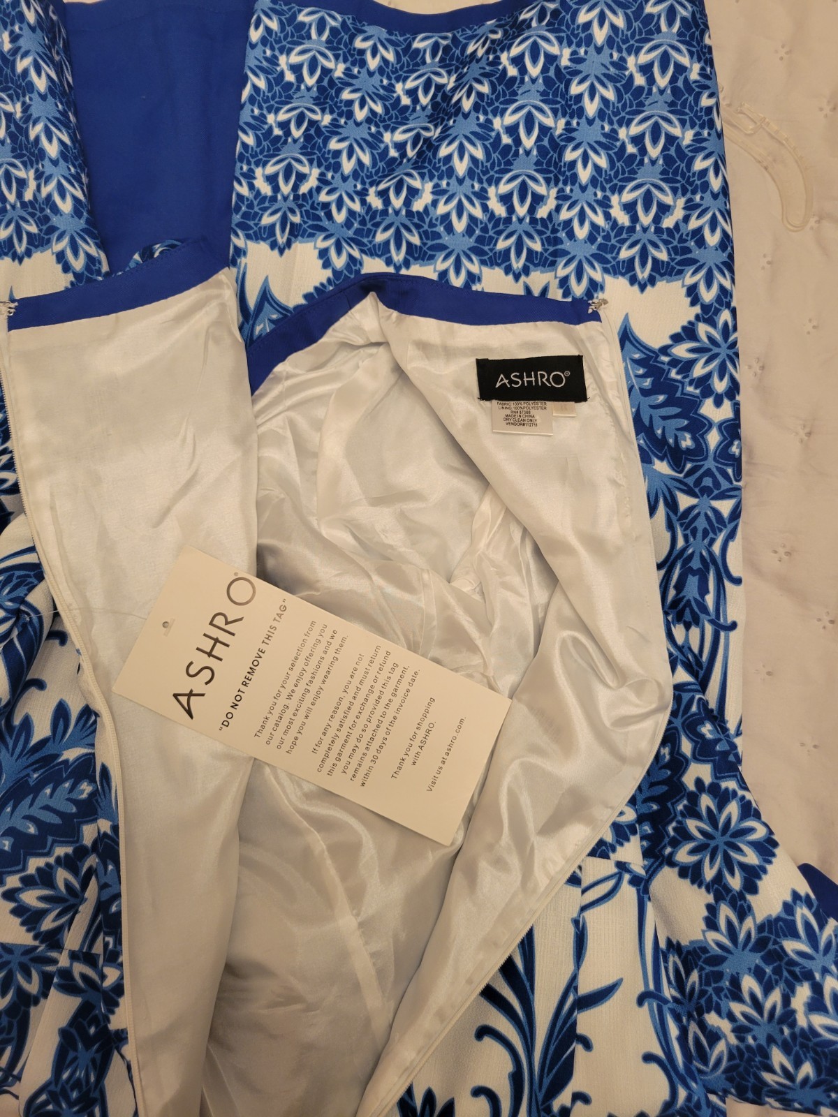 ASHRO Blue/White Floral Boat Neck 3/4 Bell Sleeve Midi A-Line Dress S/M