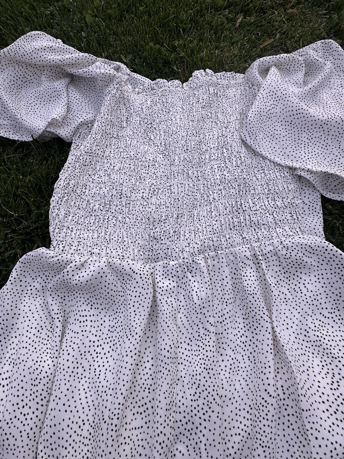 Sienna Sky White/Black Polka Dot Square Neck Smocked Puff Sleeve Midi Dress M