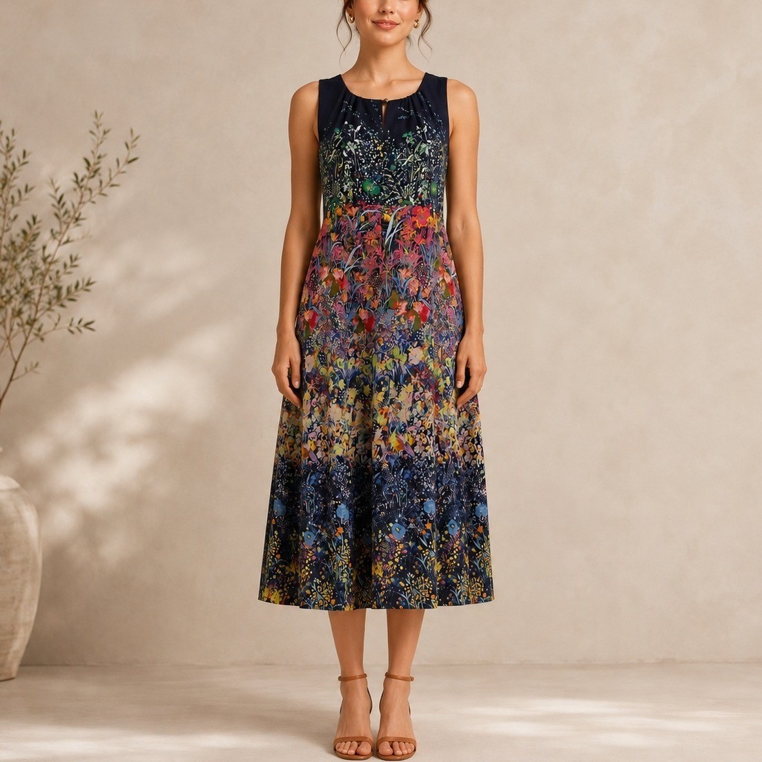 Maeve Larkspur Silk Midi Dress 2 Navy Blue Multicolor Floral Sleeveless Boho
