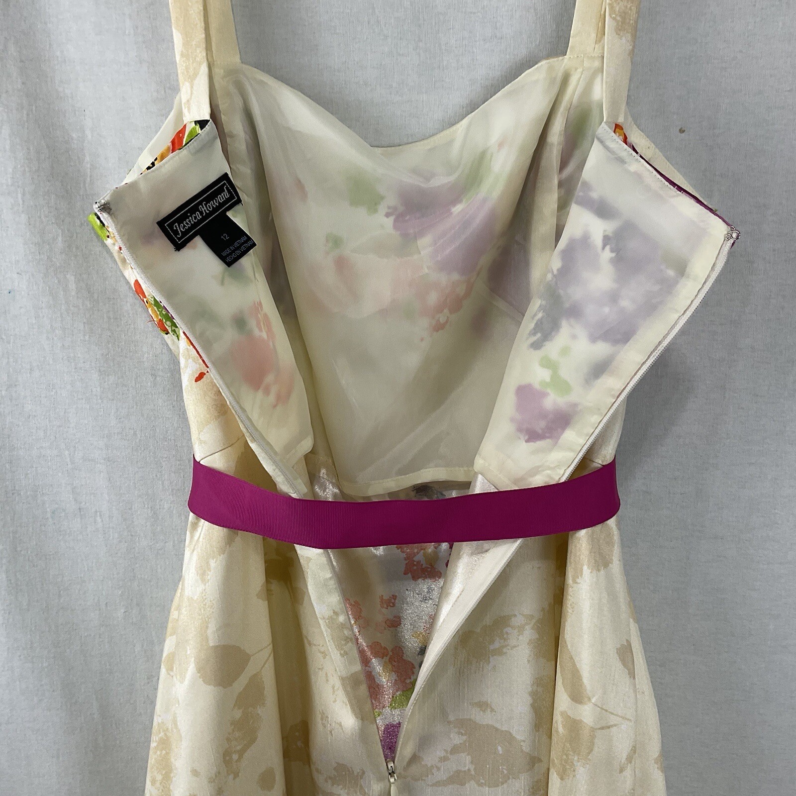 Vtg Jessica Howard Sun Dress Cream Multicolor Floral Pink Sash Fit & Flare Sz 12