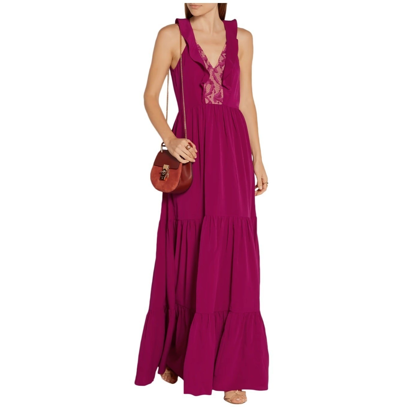SALONI Suzi Berry Crinkle Crepe Lace Maxi Dress Size 6 NWT