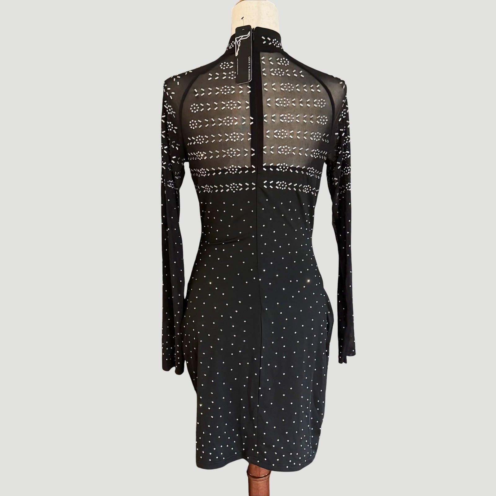 L&B Black Rhinestone Mesh Bodycon Mini Dress Western Glam M Festival Vegas NWT