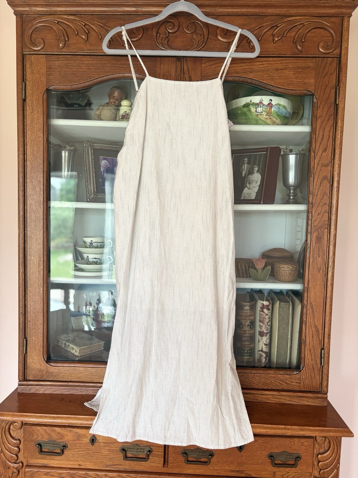 MOD REF SIZE SMALL WOMEN IVORY PINSTRIPED SHEER BOTTOM STRAPPY SUMMER DRESS