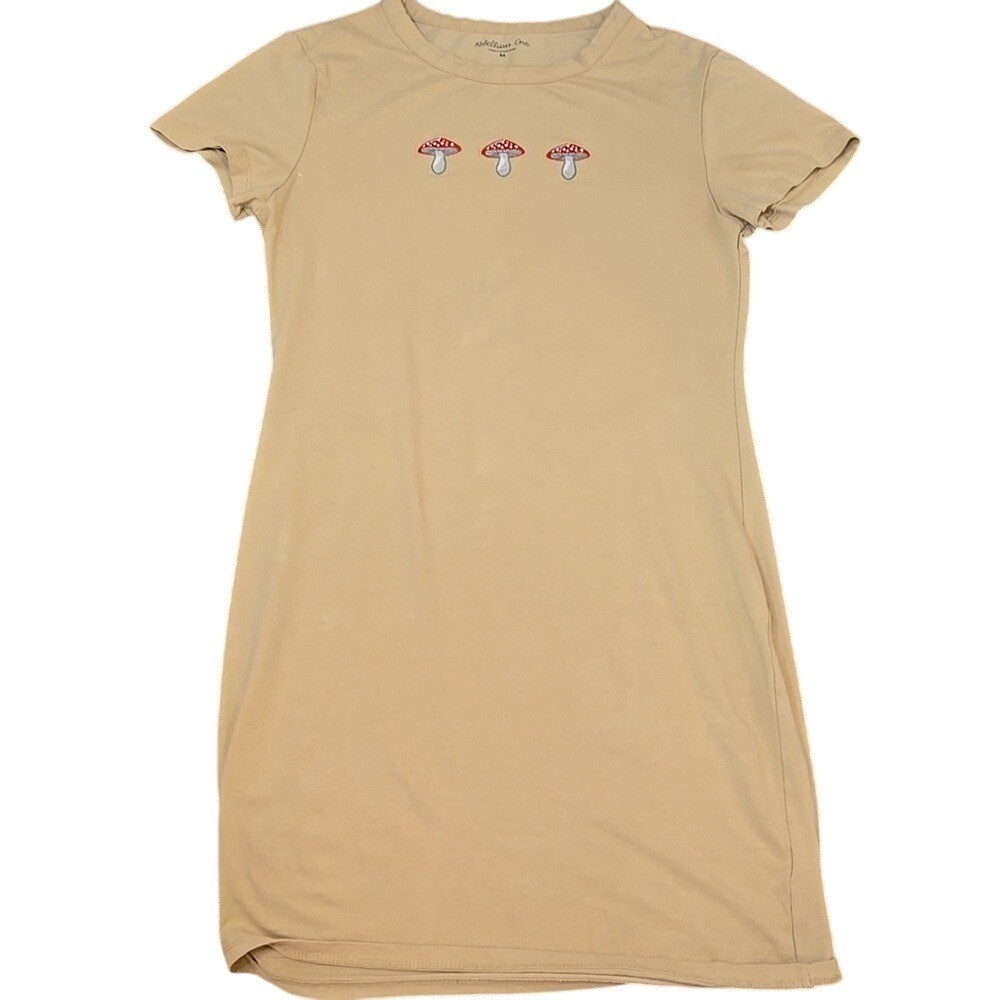 Rebellious One Tan Short Sleeve Fitted Jersey Mushroom Print Dress – Size Medium