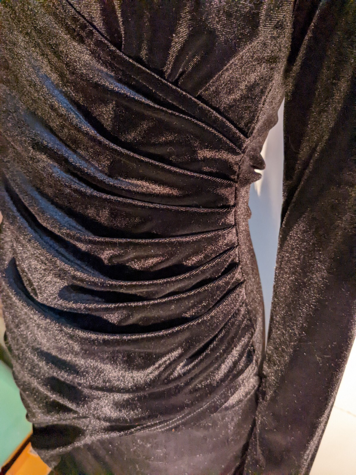 Shein Black Velvet Rouched Cinched Waist Long Sleeve Mini Dress Sz Medium