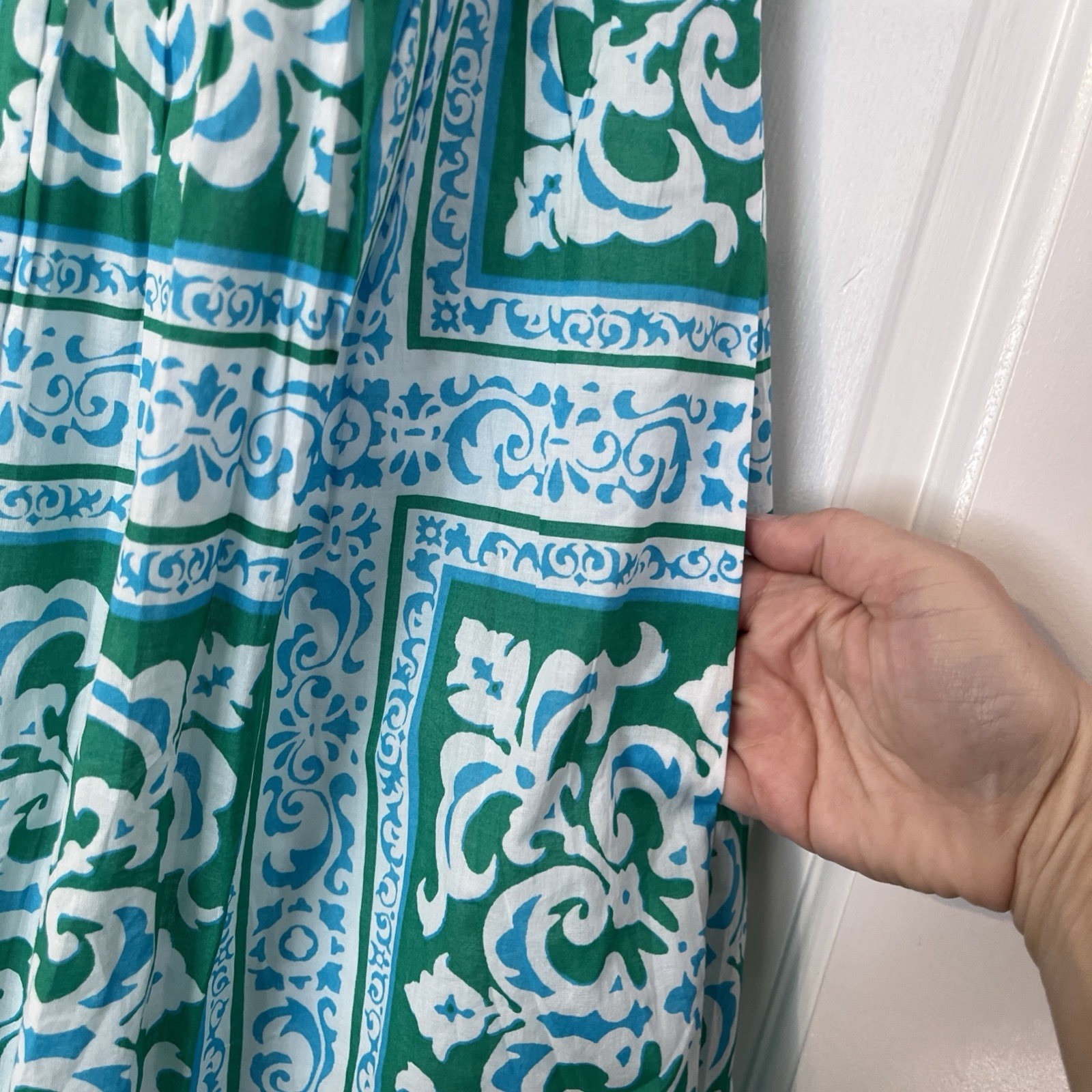 Talbots Maxi Dress 10P Green Blue Halter Medallion Fit Flare Preppy Resort Beach
