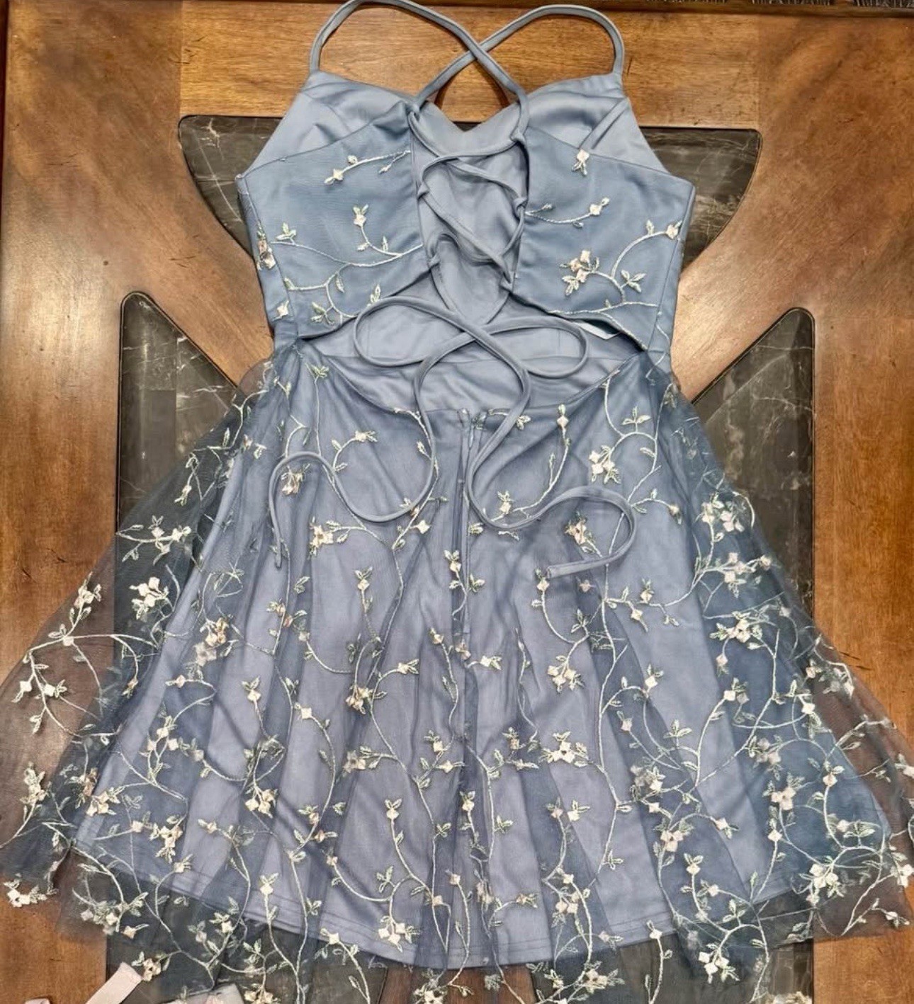 Dusty Blue Embroidered Adjustable Mini Cami Dress Size Small