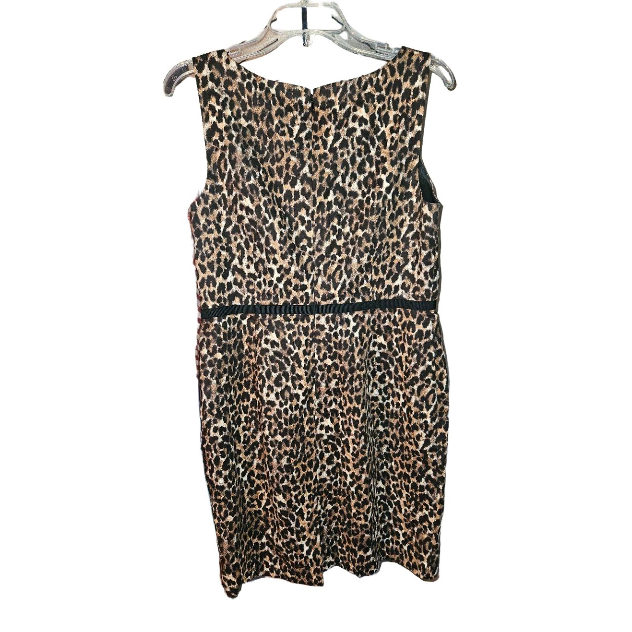 ANN TAYLOR LOFT Womens 10P Leopard Print Sleeveless Dress Black Trim Kick Pleat