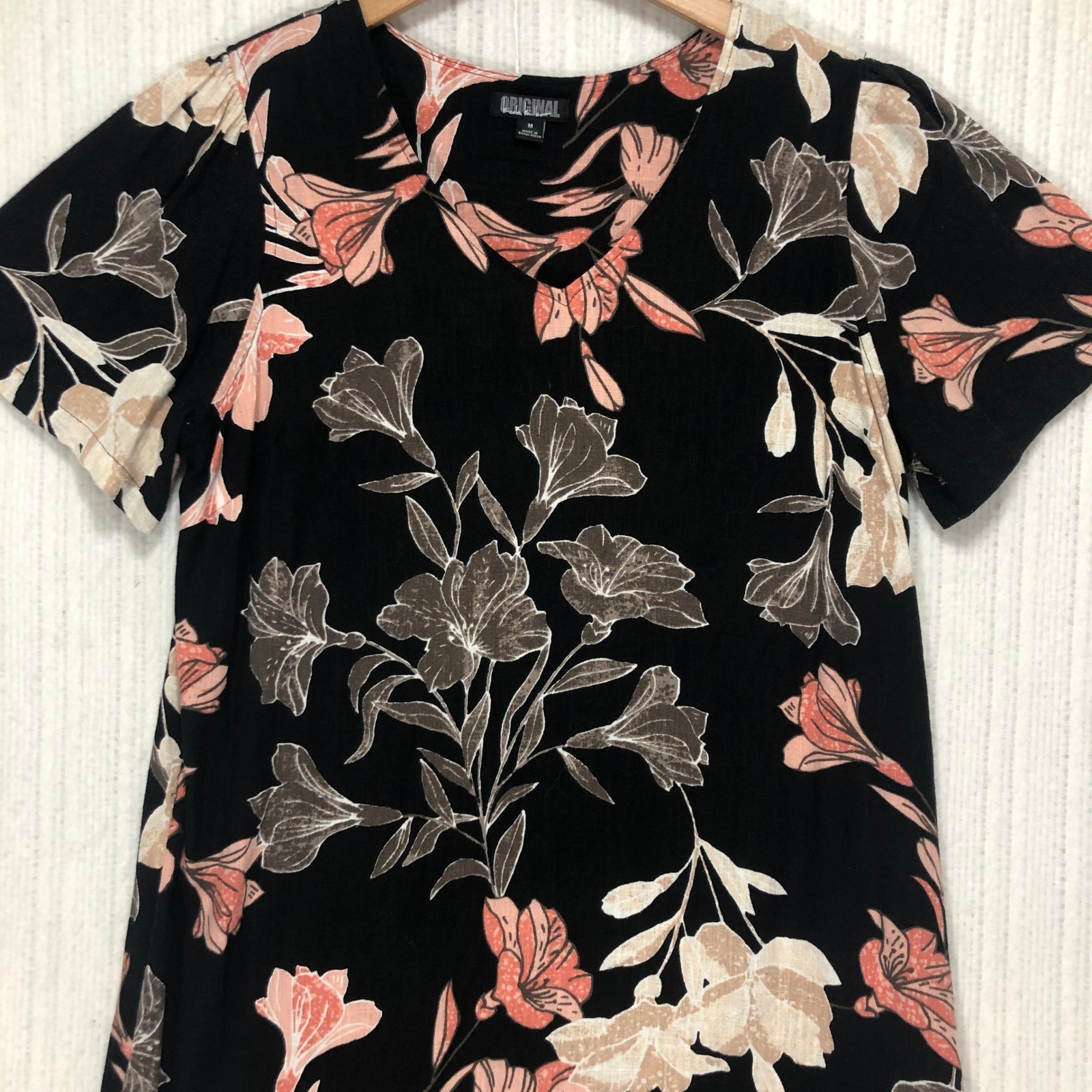 ORIGINAL Black Floral Print Short Sleeve V Neck Shift Dress Women’s Size M