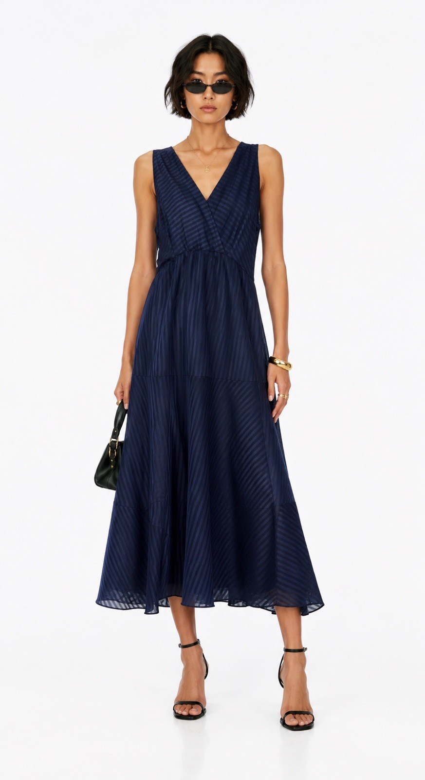 SPORTMAX Code Max Mara Tonal Stripe Cotton Poplin V-Neck Maxi Midi Dress 8/10 M