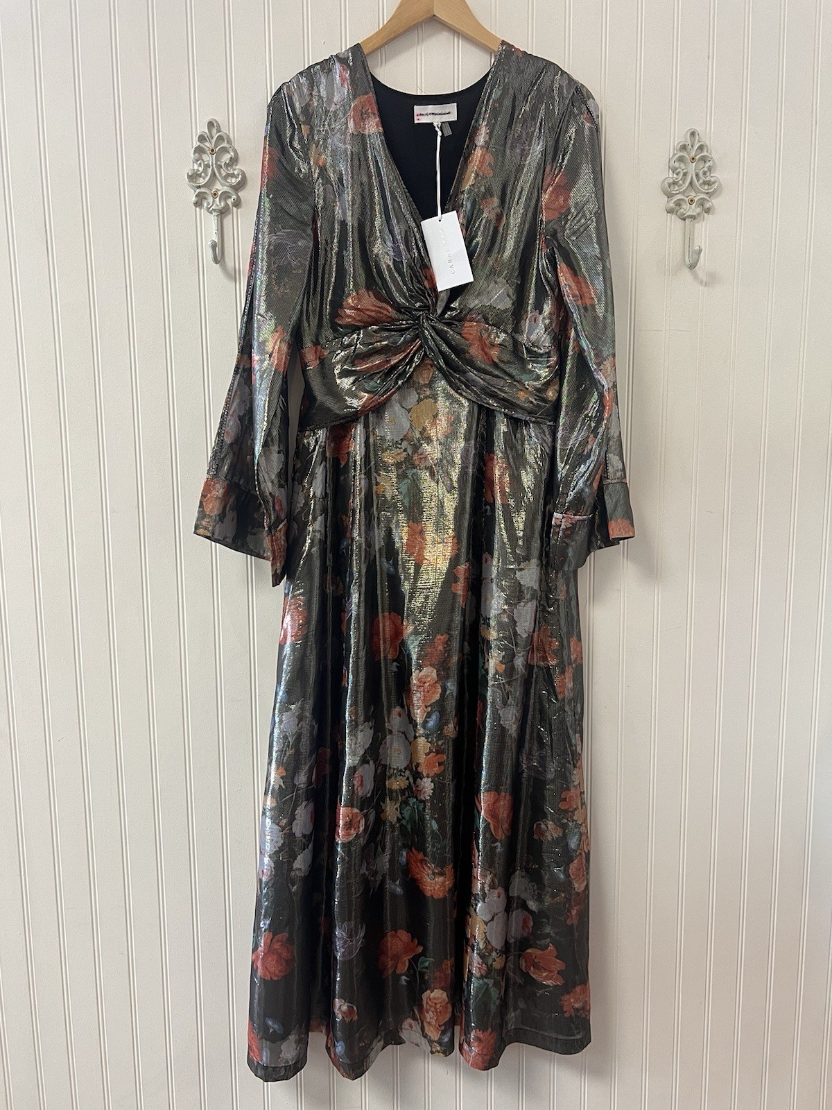 NWT Anthropologie Caballero Deep V Maxi Dress Large Floral Shimmer Fabric