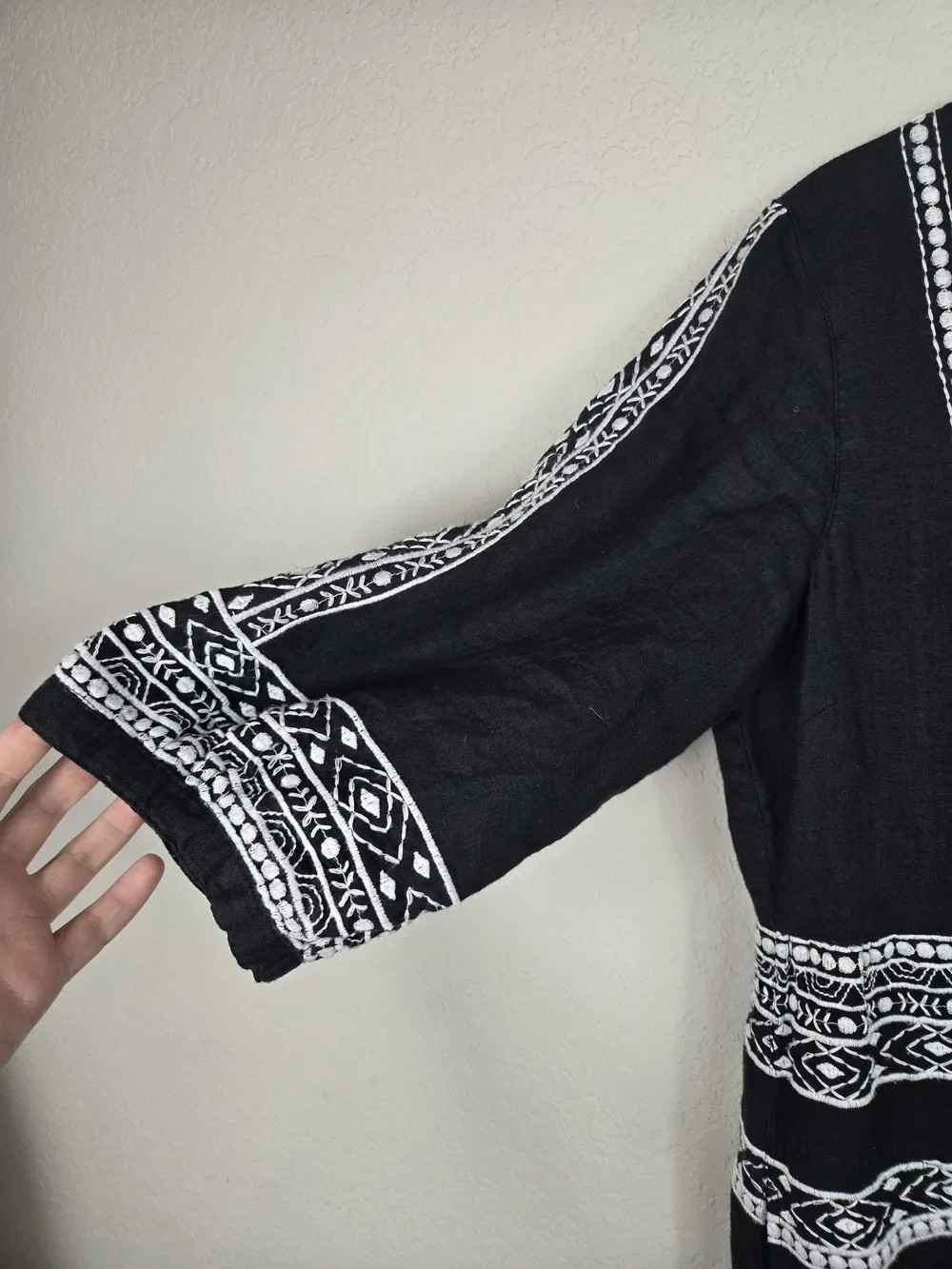 John Mark 100% Linen Black White Embroidered Tassel Tiered Dress Small