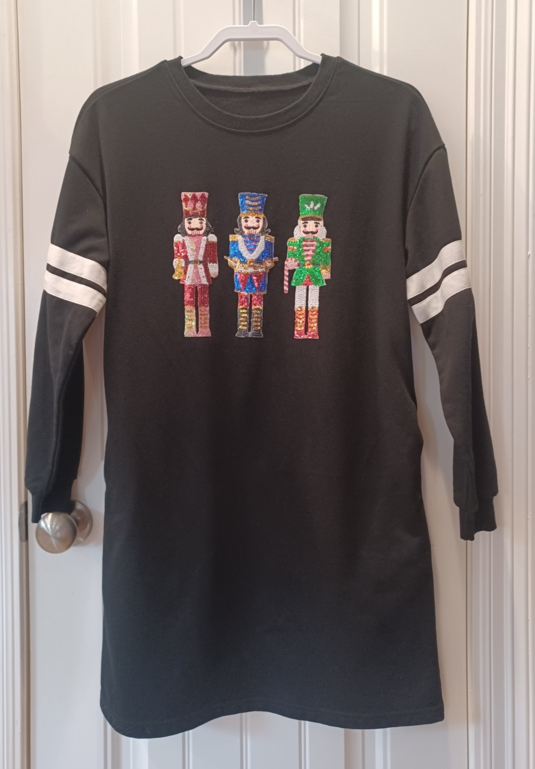 Ladies Sequin Graphic Nutcracker Men Varsity Stripe Sweatshirt Dress Small EUC!