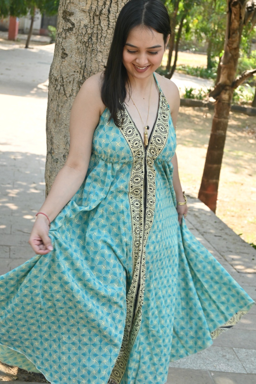 Women’s Turquoise Halter Neck Boho Maxi Dress Printed V-Neck Summer Sundress