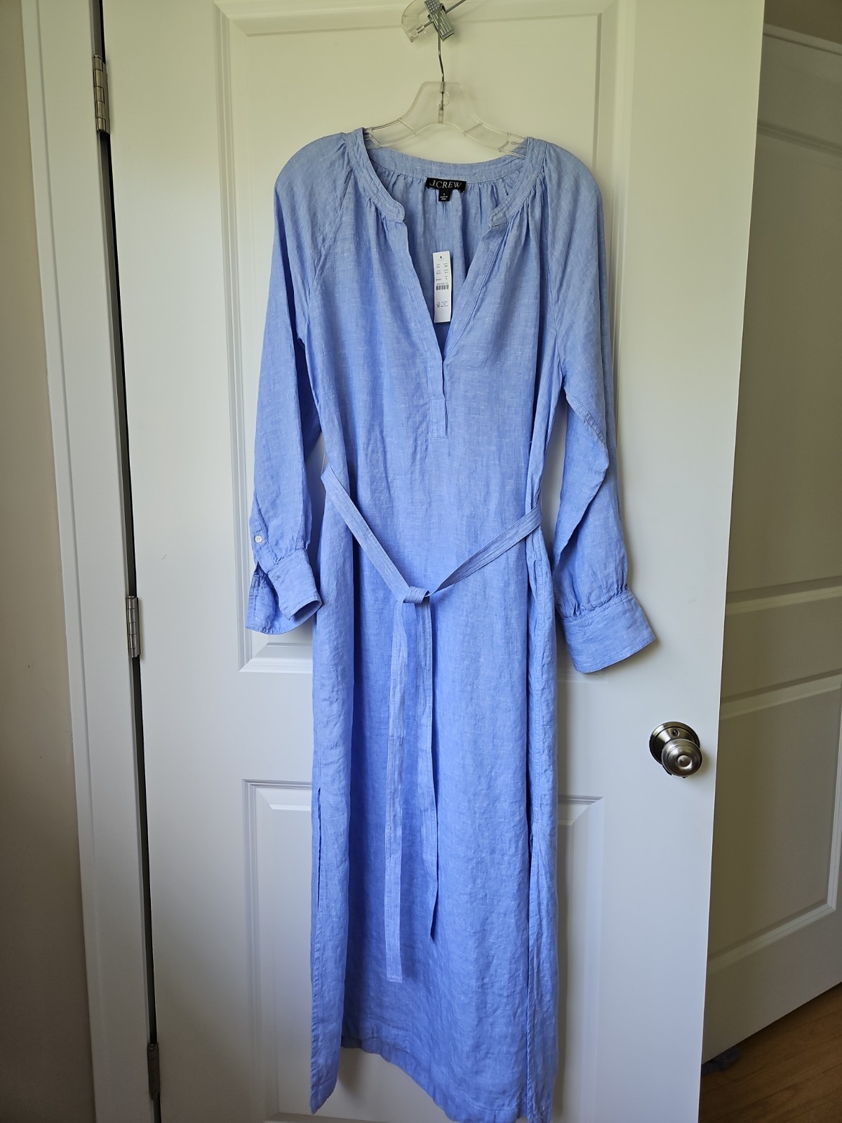 Jcrew Cabana Linen Maxi Blue Dress Size S Long Sleeves Side Slit & Pockets NWT