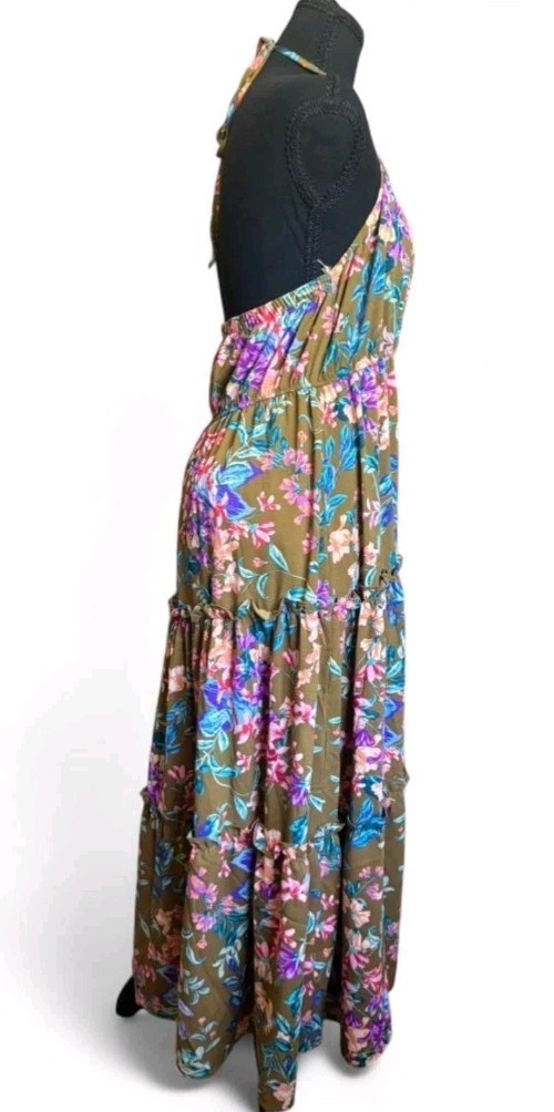 By The River Halter Tiered Ruffled Floral Maxi Dress Size L Summer To Fall EUC