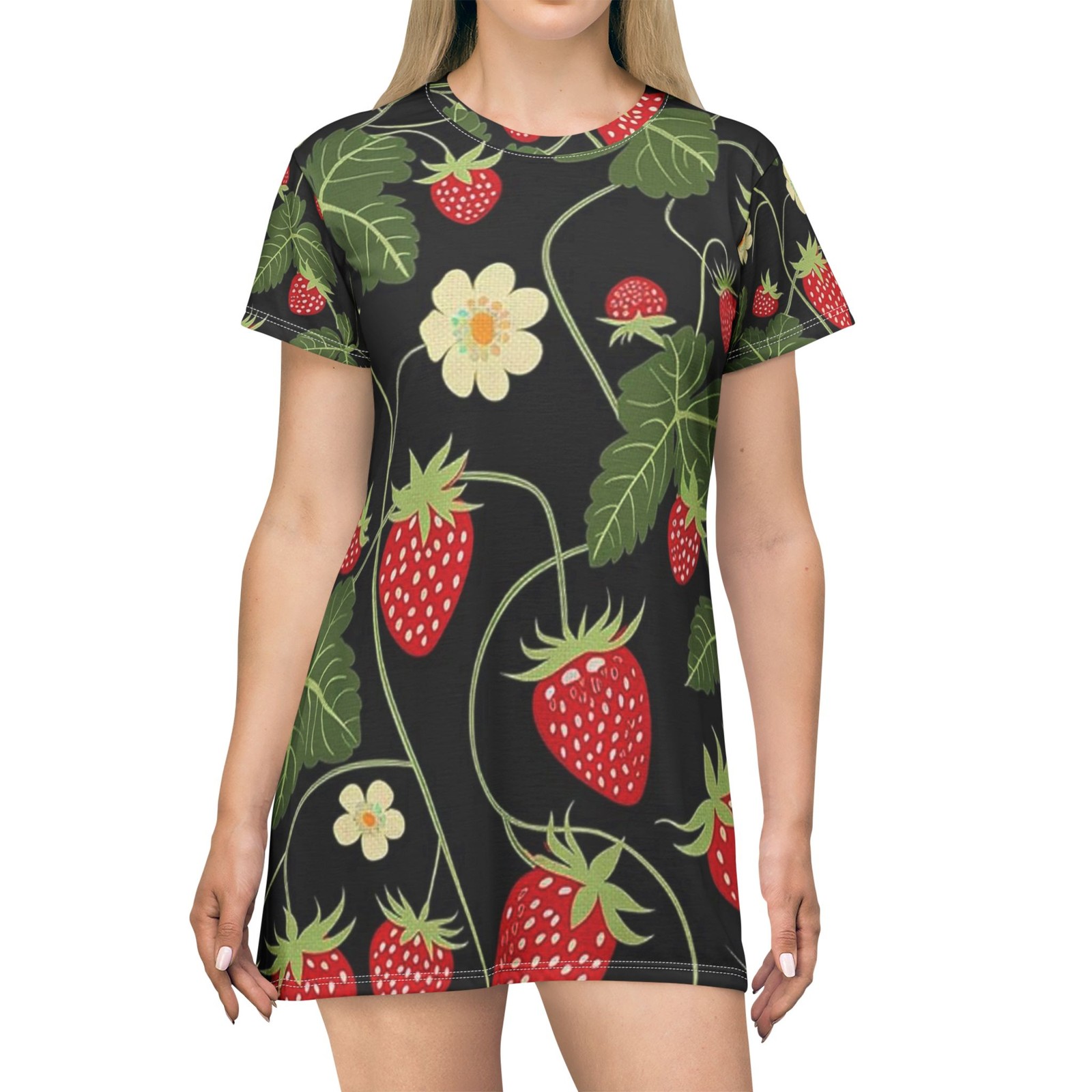 Strawberry Pattern T-Shirt Dress | All-Over Print