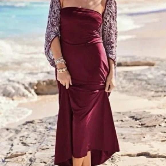 J. Jill Cranberry Red Strapless Ruched Slub Knit Maxi Dress NWT Medium