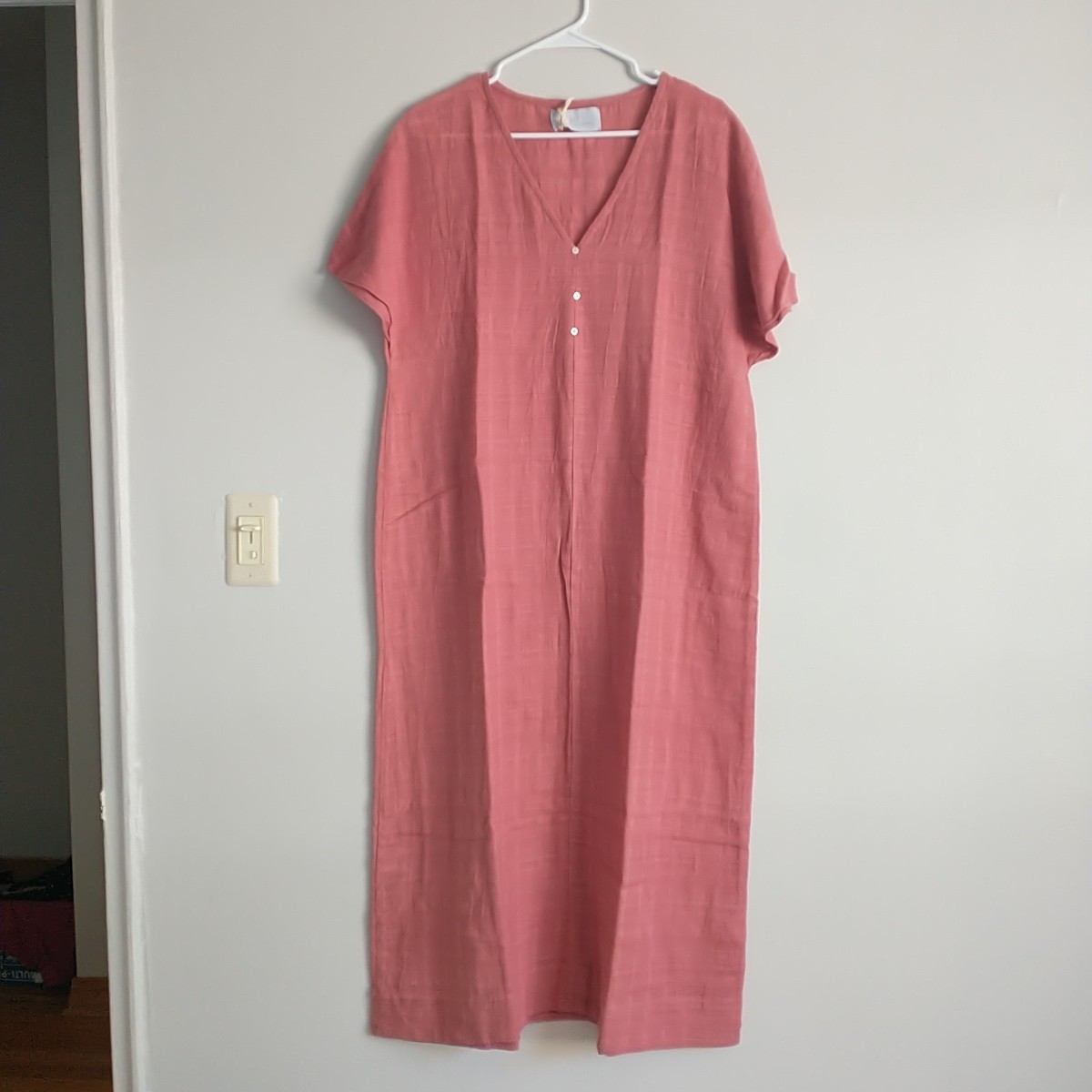 New*Maxi Dress Kaftan OS/M/L*Pink Geometric Cotton Popover VNeck Button Portugal