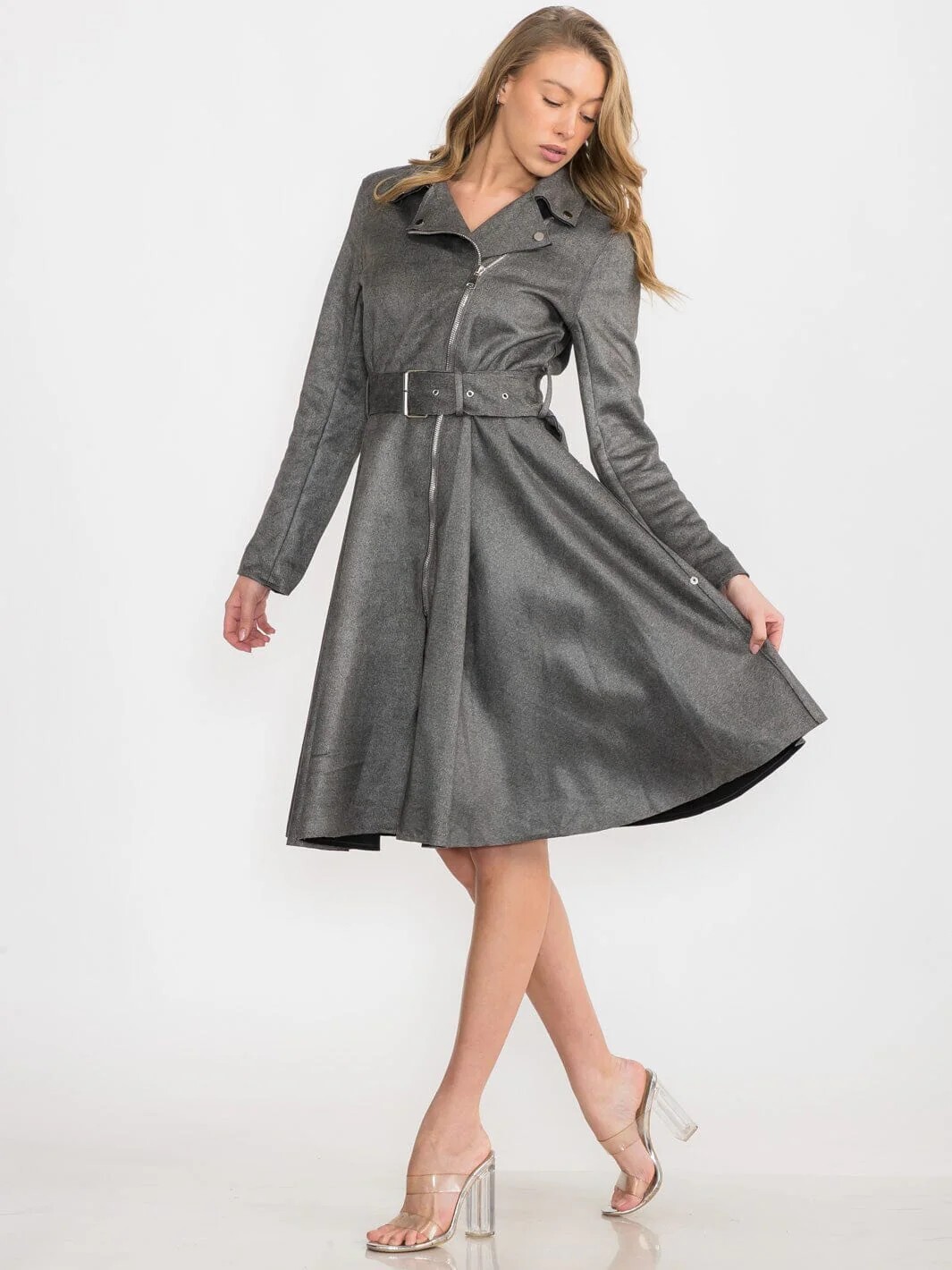 Charcoal Long Sleeve Midi Dress Size Medium Belted Zipper Closure Jacket Dress