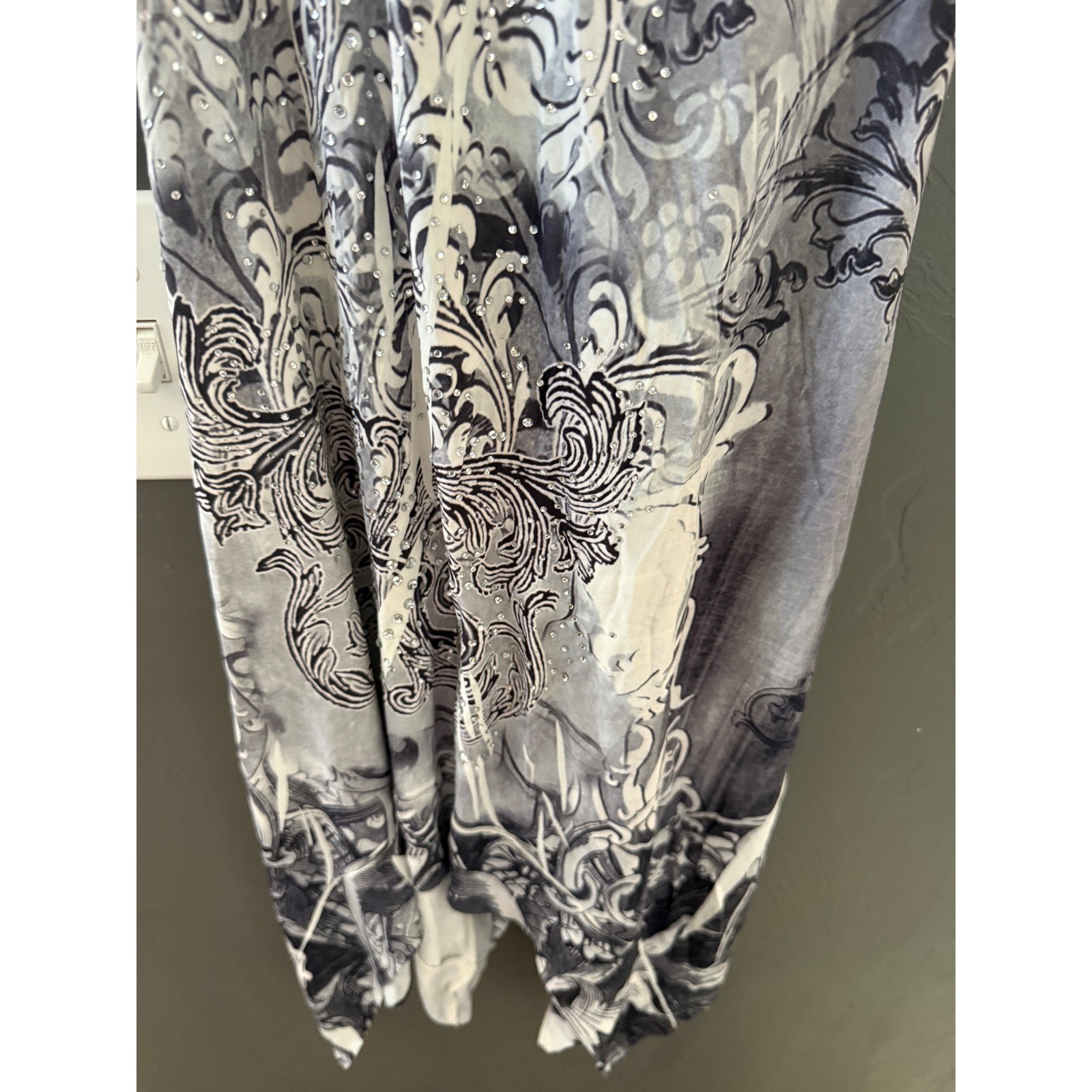 CristinaLove Gray Baroque Floral Rhinestone Handkerchief Hem Racerback Dress