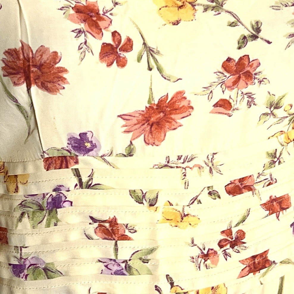 Vtg Karin Stevens 90s Yellow Floral Midi Dress Spring Fit Flare Cottagecore L