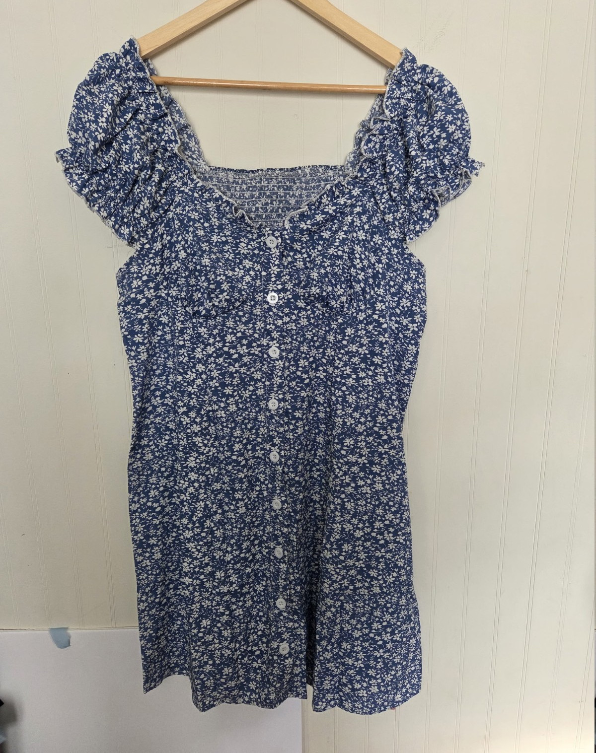 SHEIN Curve Plus 1XL Blue/White Floral Square Neck Puff Mini Dress