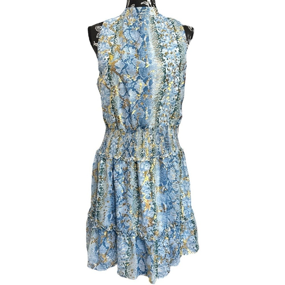 Blue Gold Snakeskin Smocked Tiered Sleeveless Dress M