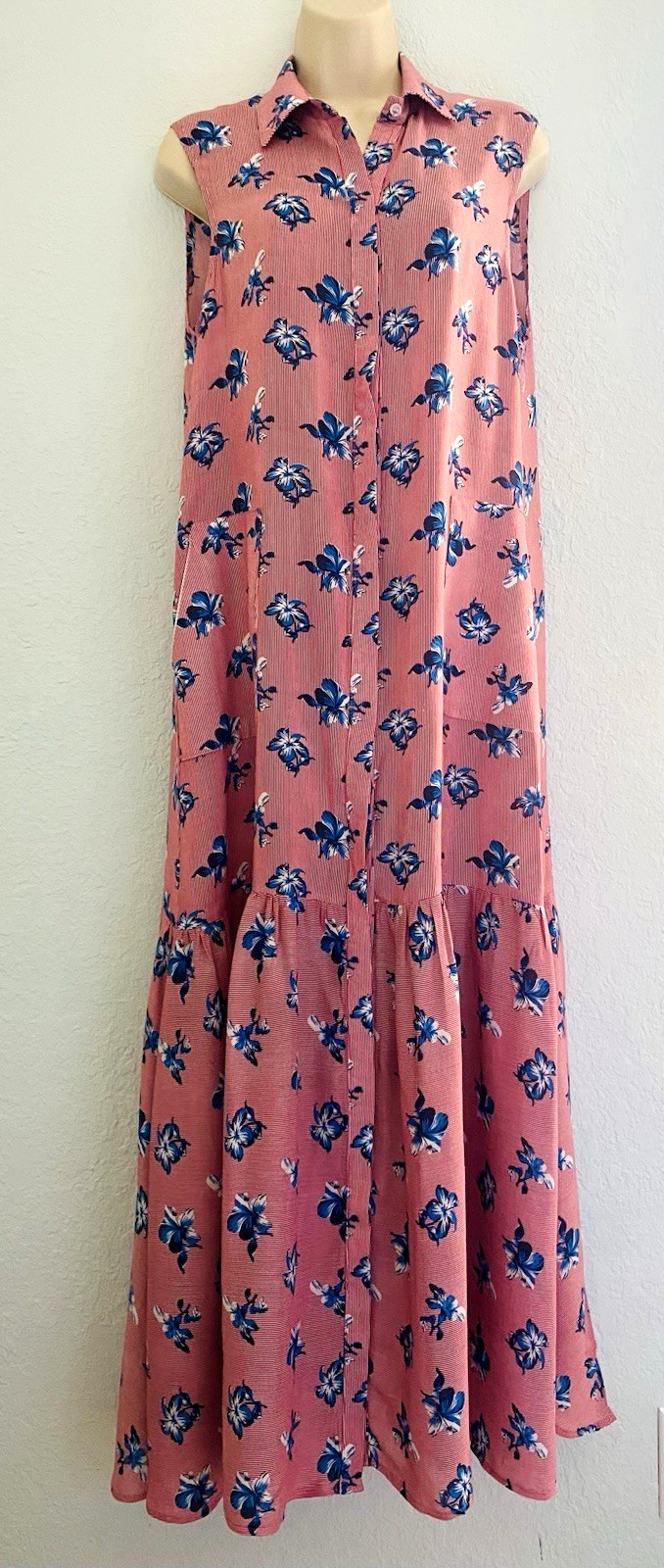 SYMA London Women’s DRESS Sz 2 Red Floral Maxi Dress Button Front Ruffle Bottom