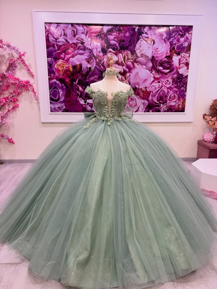 Sage Green Floral Lace Quinceanera Ball Gown Sparkly Tulle Sweet 16 Dress
