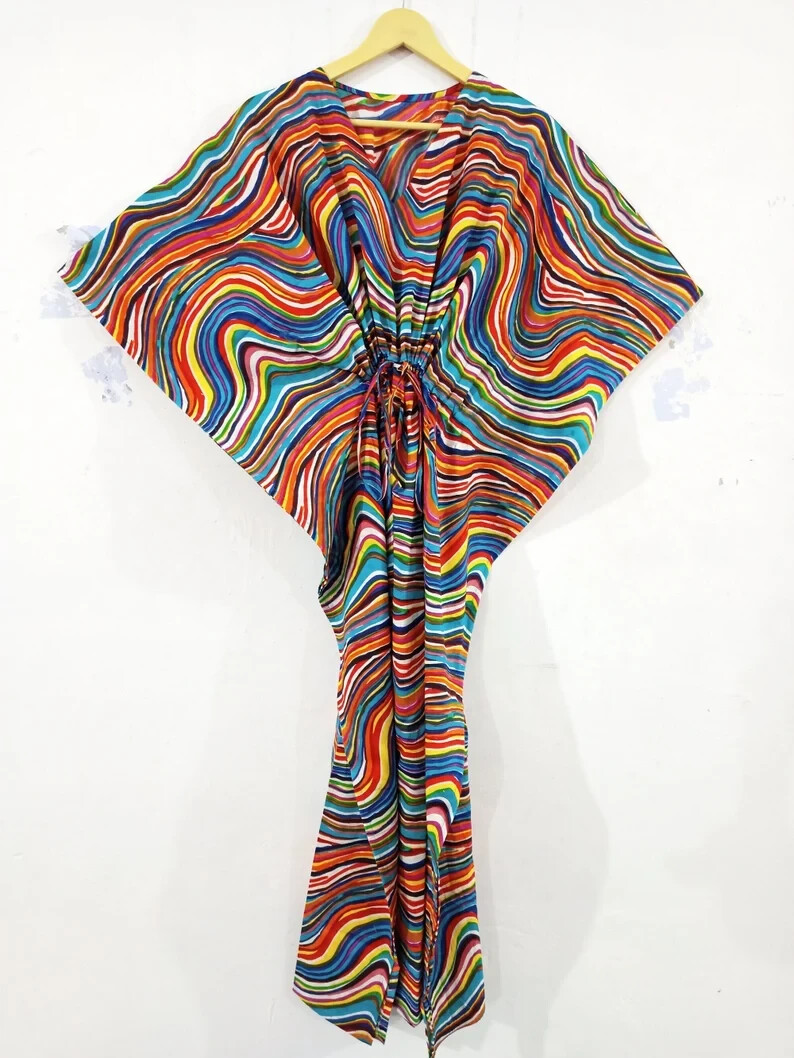 Indian Vintage 100% Cotton Long Beach Maxi Kaftan Dress One Size Caftan Kimono