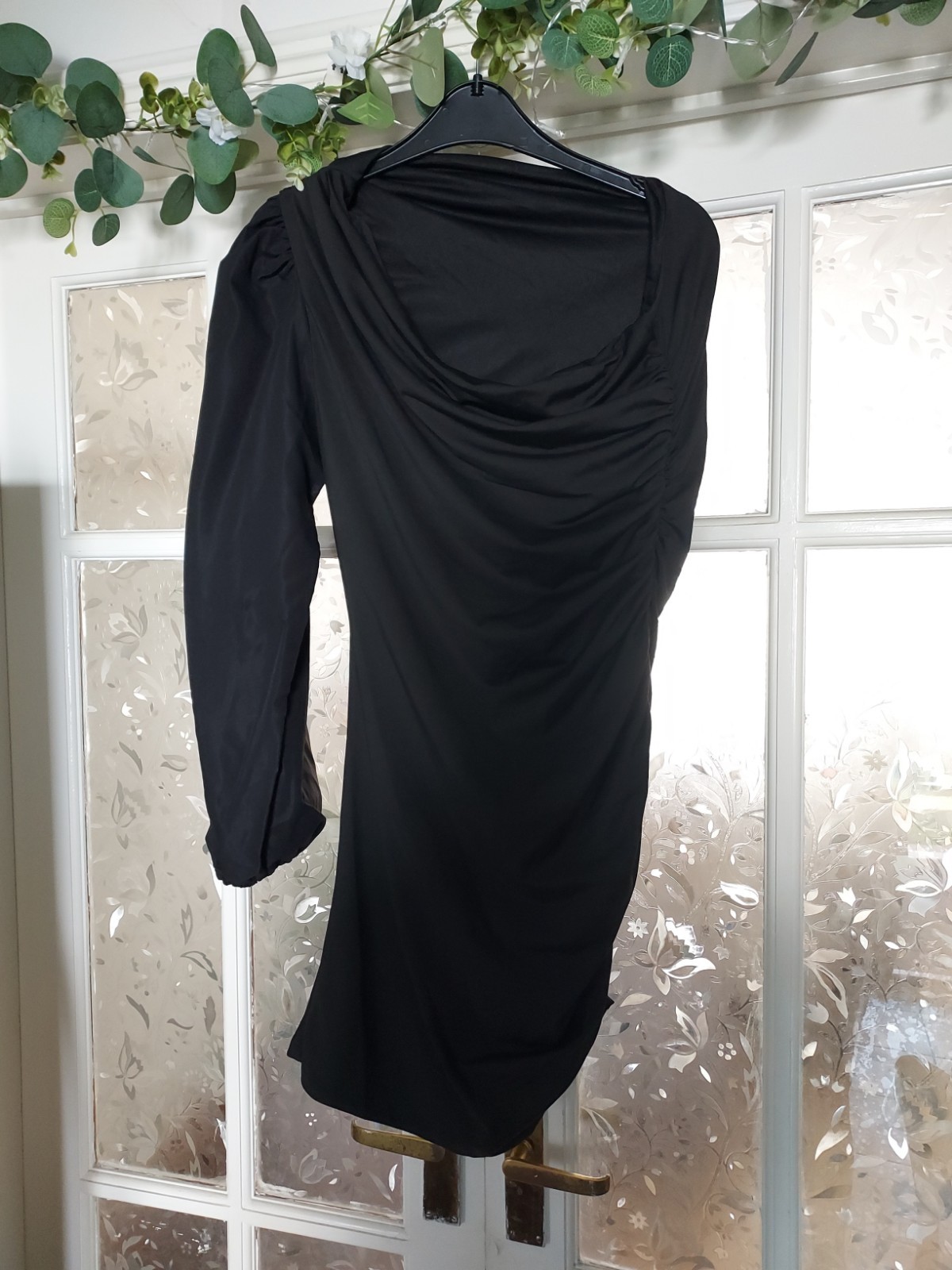 Asymmetrical, side ruffle, off shoulder, puff sleeve, black dress , Size M .
