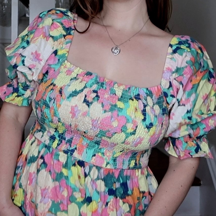 GAP Linen Floral Smocked Puff Sleeve Dress Square Neck Cottagecore SZ Medium