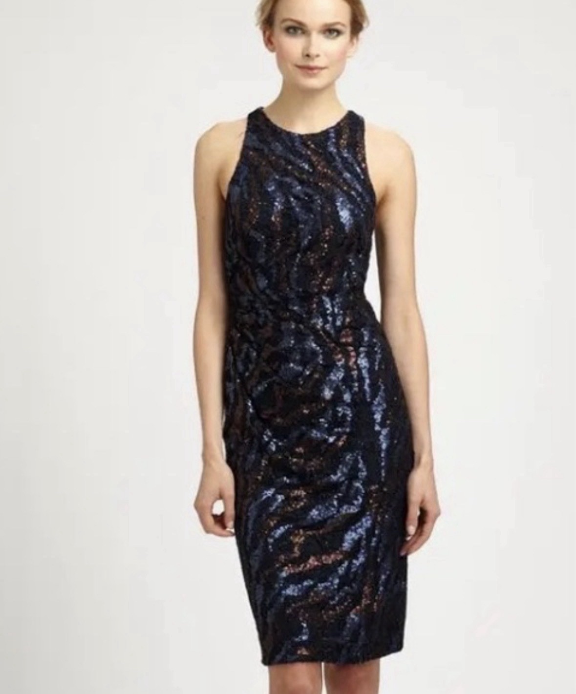 David Meister Cocktail Dress Blue Sequined Tigerprint Size 6 New With Tag